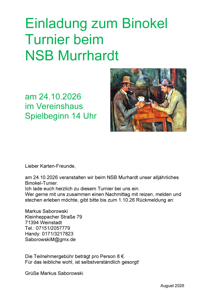 Einladung zum öffentlichen Binokel Turnier 2026
