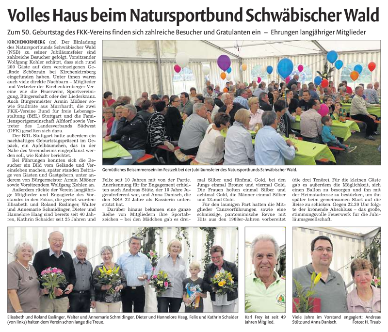 Bericht der Murrhardter Zeitung zum 50-jährigen Jubiläum des NSB